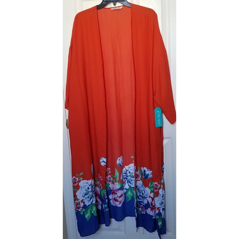 Pioneer Woman Kimono Duster Open Front Orange Blue Floral sz L/XL NEW